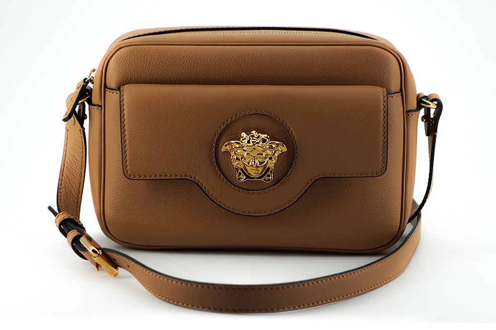 Versace Elegant Brown Leather Camera Case Shoulder Bag - MARANOS
