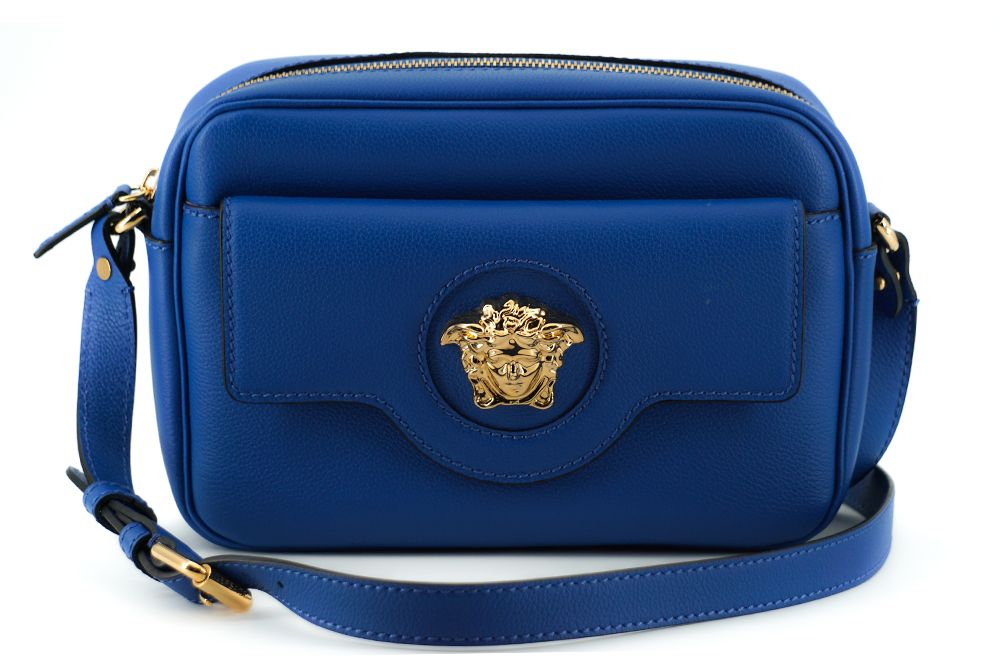 Versace Elegant Blue Calf Leather Camera Case Bag - MARANOS