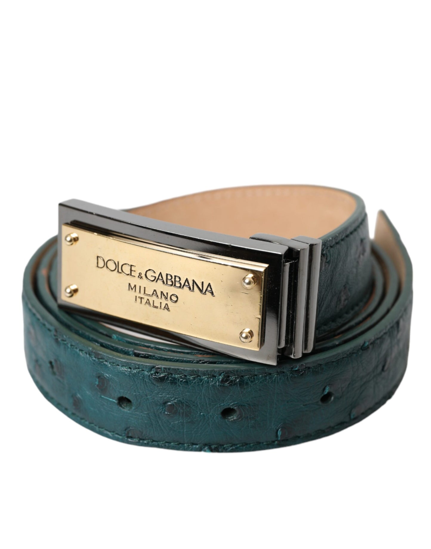 Dolce & Gabbana groene leren riem met goudkleurige gesp en gegraveerd logo