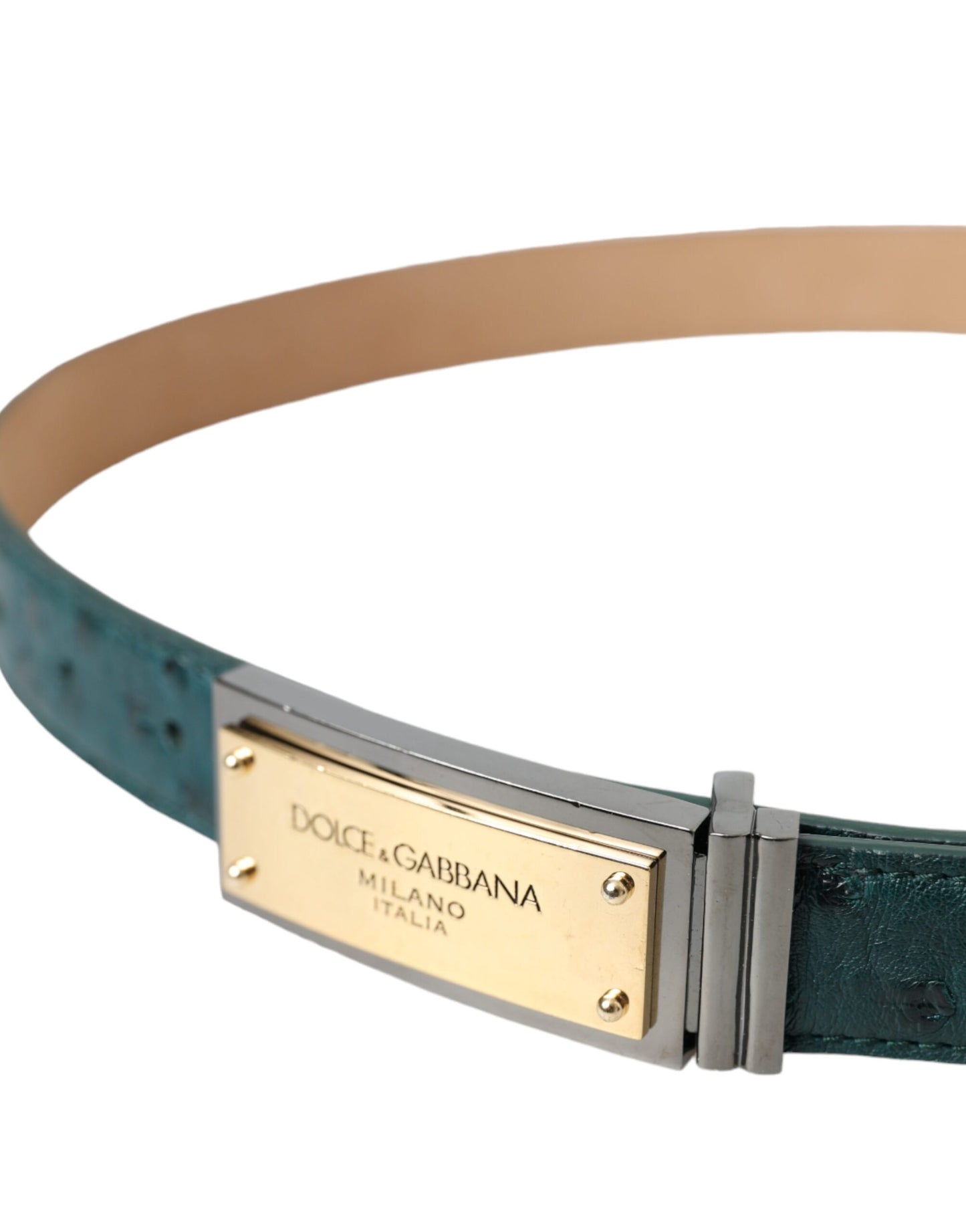 Dolce & Gabbana groene leren riem met goudkleurige gesp en gegraveerd logo
