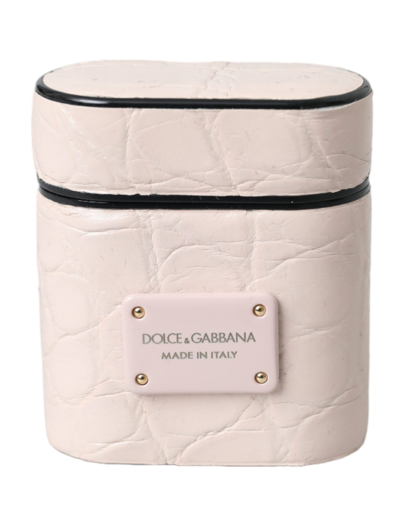 Dolce & Gabbana – AirPods-Hülle aus hellrosa Leder mit Logoplatte aus Metall