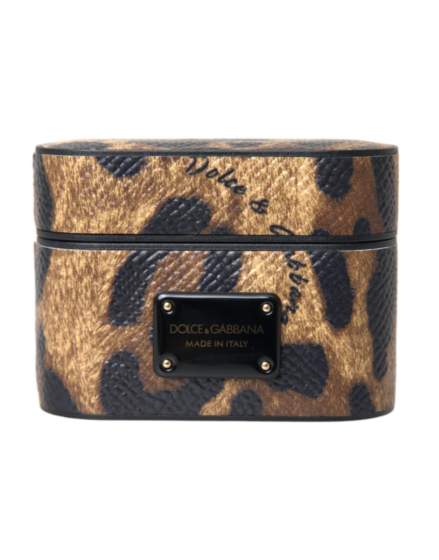 Dolce & Gabbana Leather AirPods Case with Leopard Print in Brown Shades and Metal Logo Detail