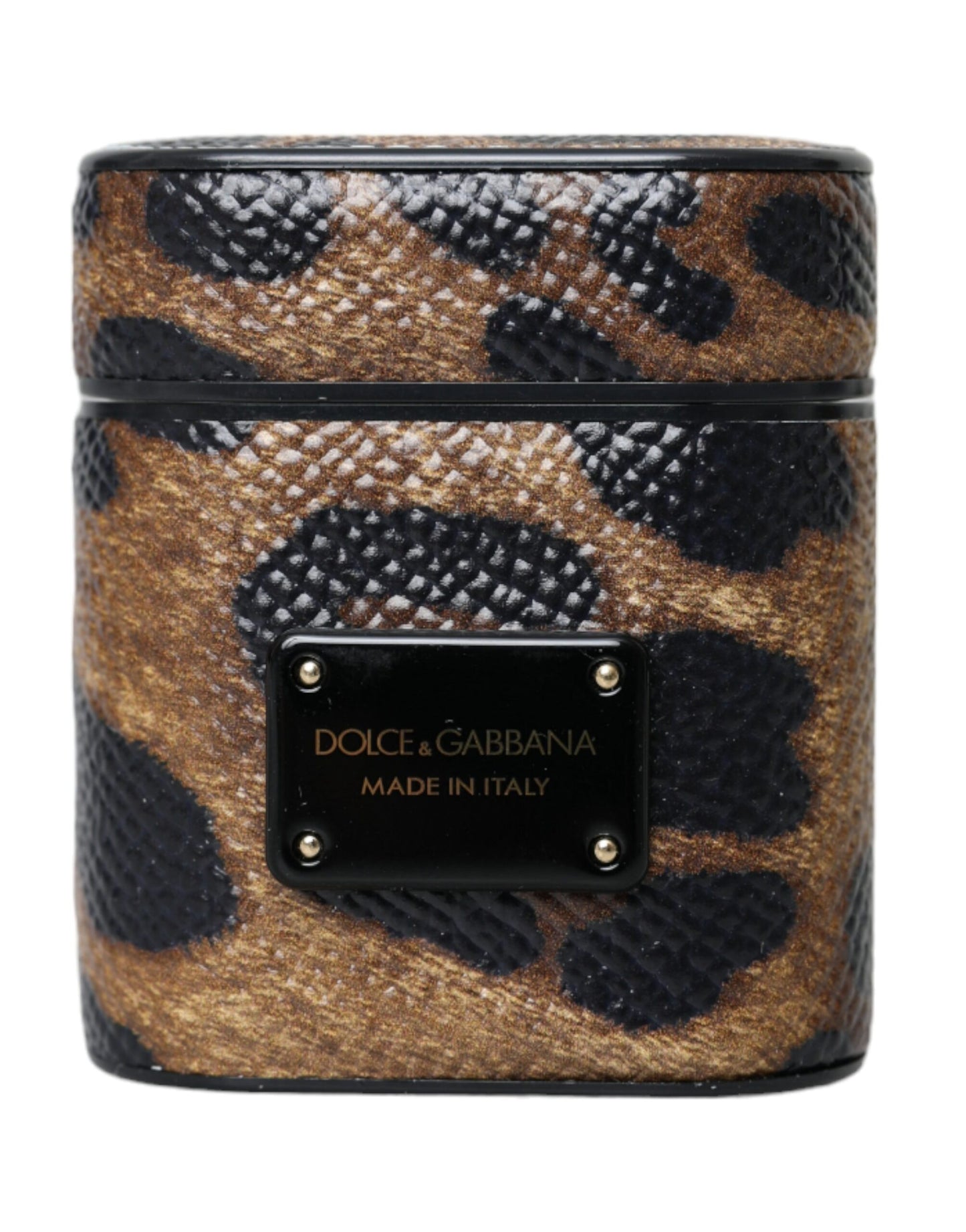 Dolce & Gabbana AirPods case in brown leopard print calf leather with metal logo plate
