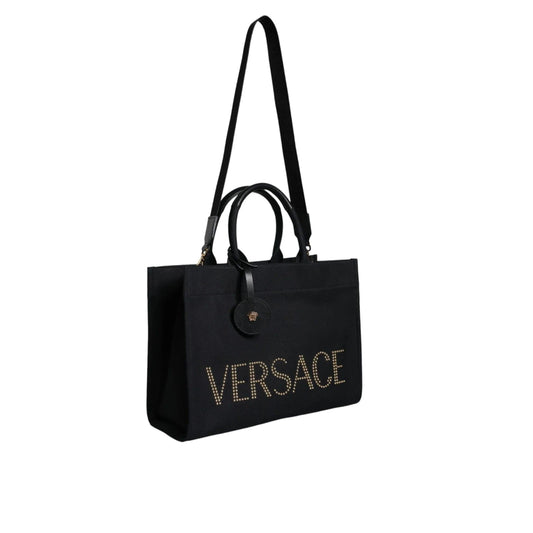 Versace Zwart Top Handle Canvas Leren logo crossbody Tote Tas - MARANOS