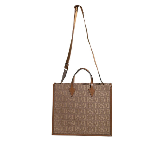 Versace Bruin Top Handle Jacquard Leren logo crossbody Tote Tas - MARANOS