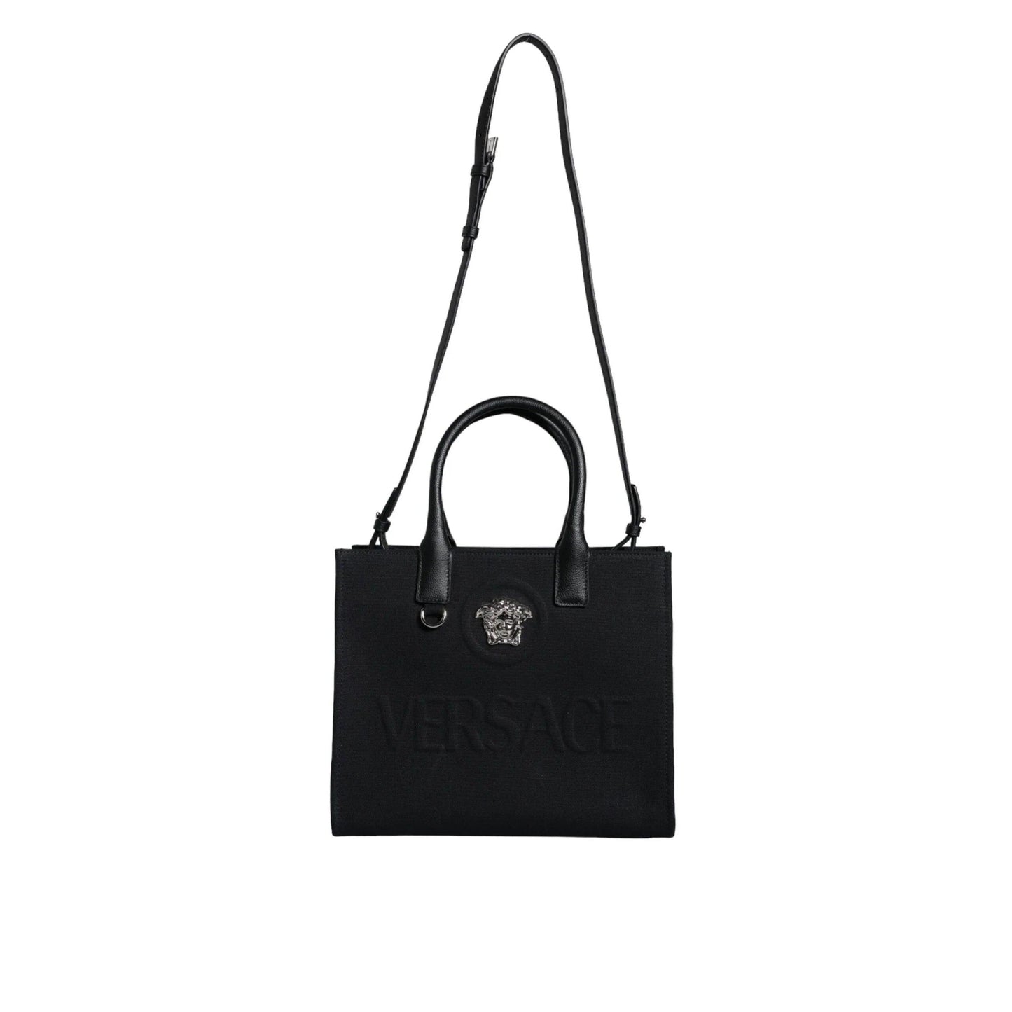 Versace Zwart Top Handle Canvas Leren logo crossbody Tote Tas - MARANOS