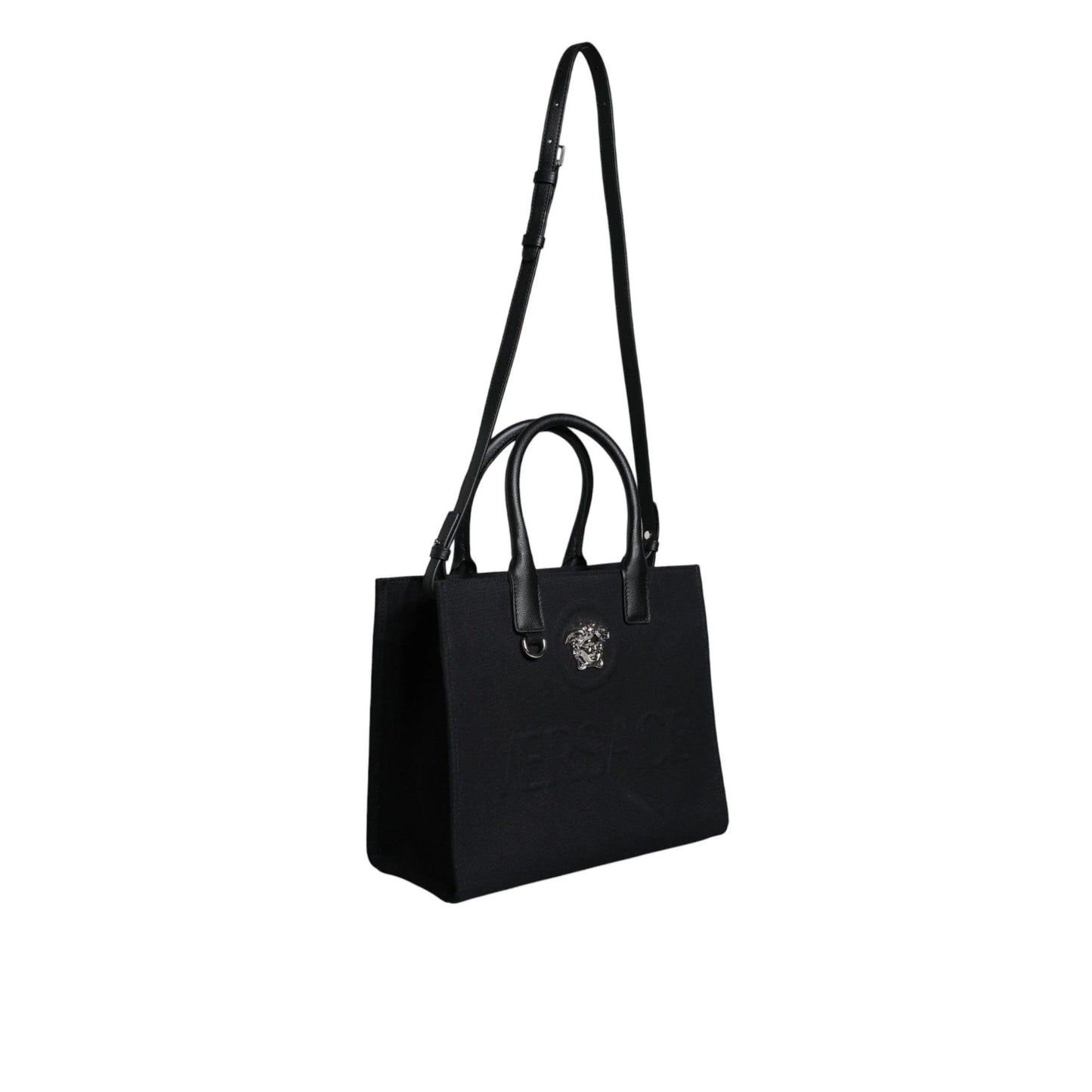 Versace Zwart Top Handle Canvas Leren logo crossbody Tote Tas - MARANOS