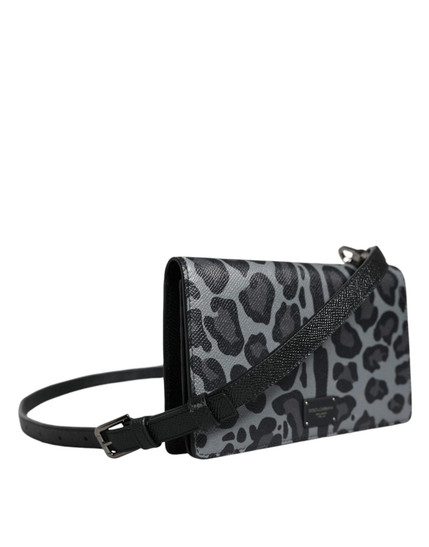 Dolce & Gabbana Black & Gray Leopard Print Leather Crossbody Bag with Card Slots