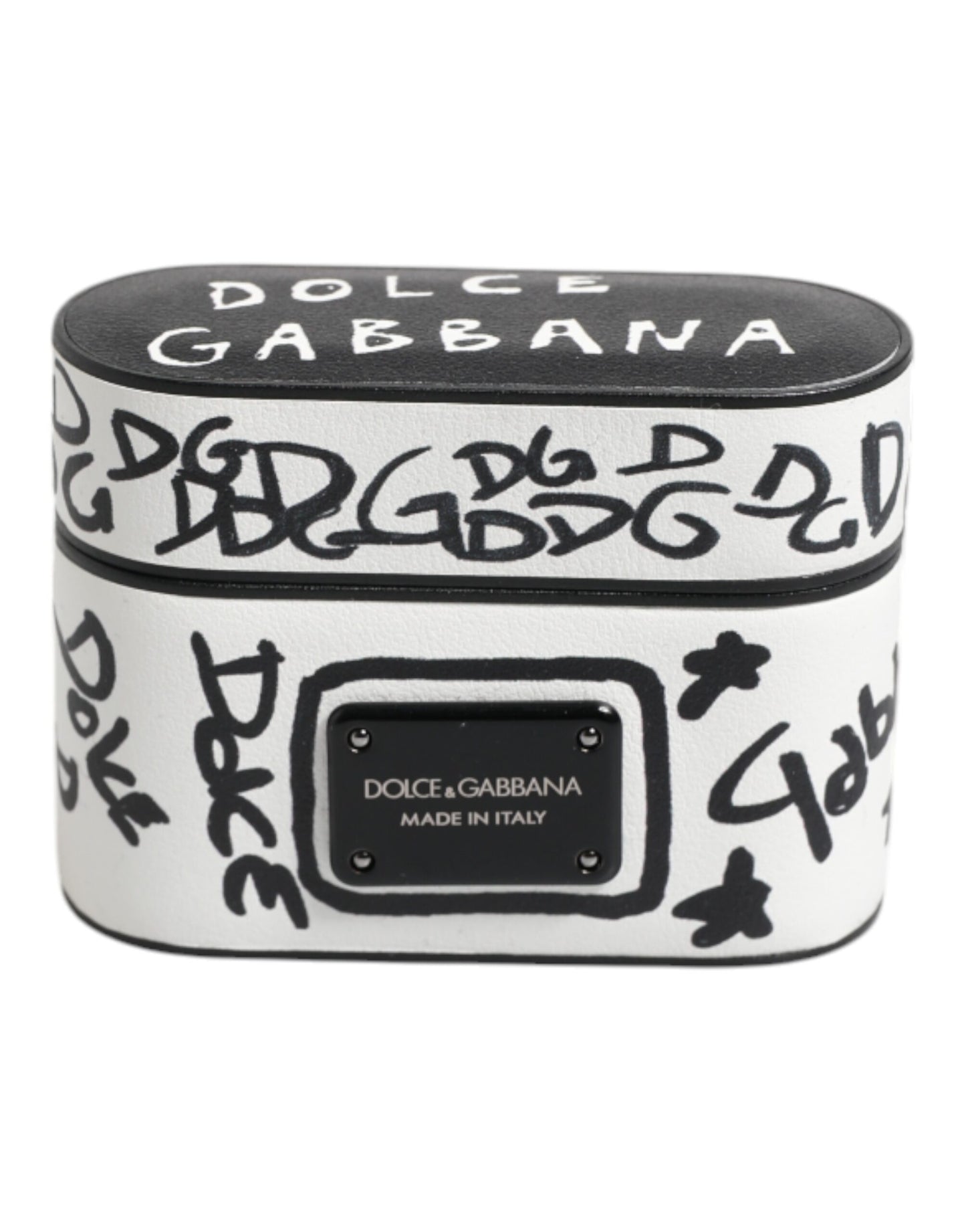 Dolce & Gabbana zwart-wit leren AirPods-hoesje met scribble-print en reliëflogo