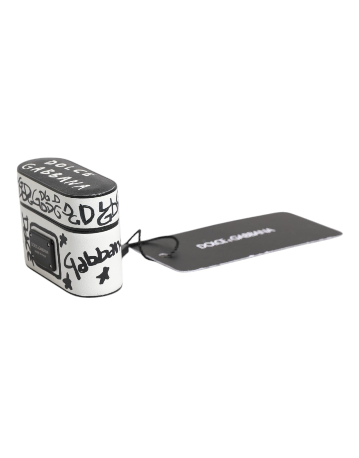 Dolce & Gabbana zwart-wit leren AirPods-hoesje met scribble-print en reliëflogo