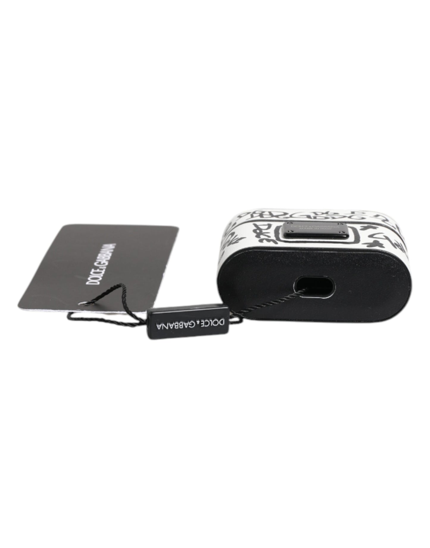Dolce & Gabbana zwart-wit leren AirPods-hoesje met scribble-print en reliëflogo