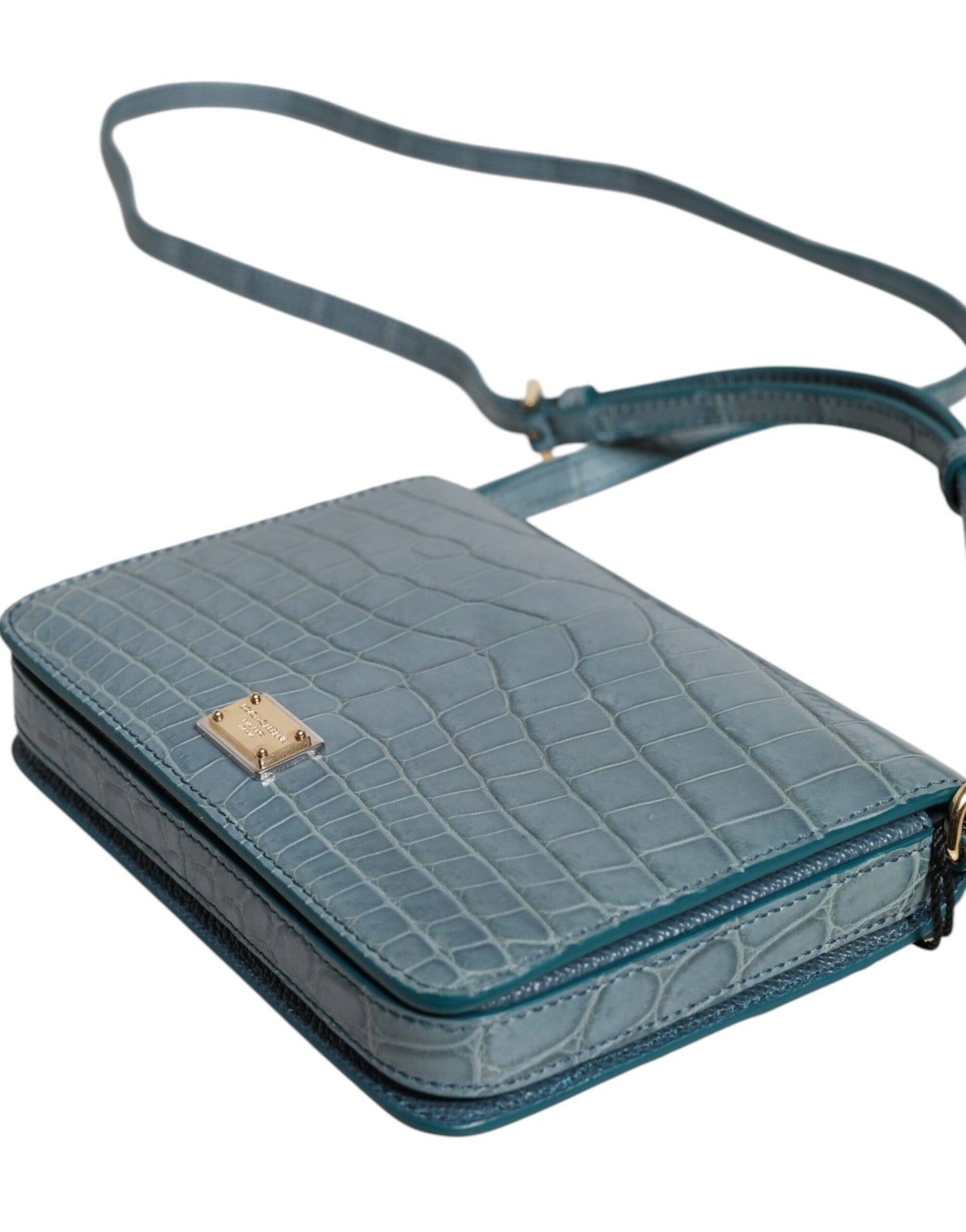 Dolce & Gabbana luxury crossbody bag in green exotic leather with recognizable DG logo plate
