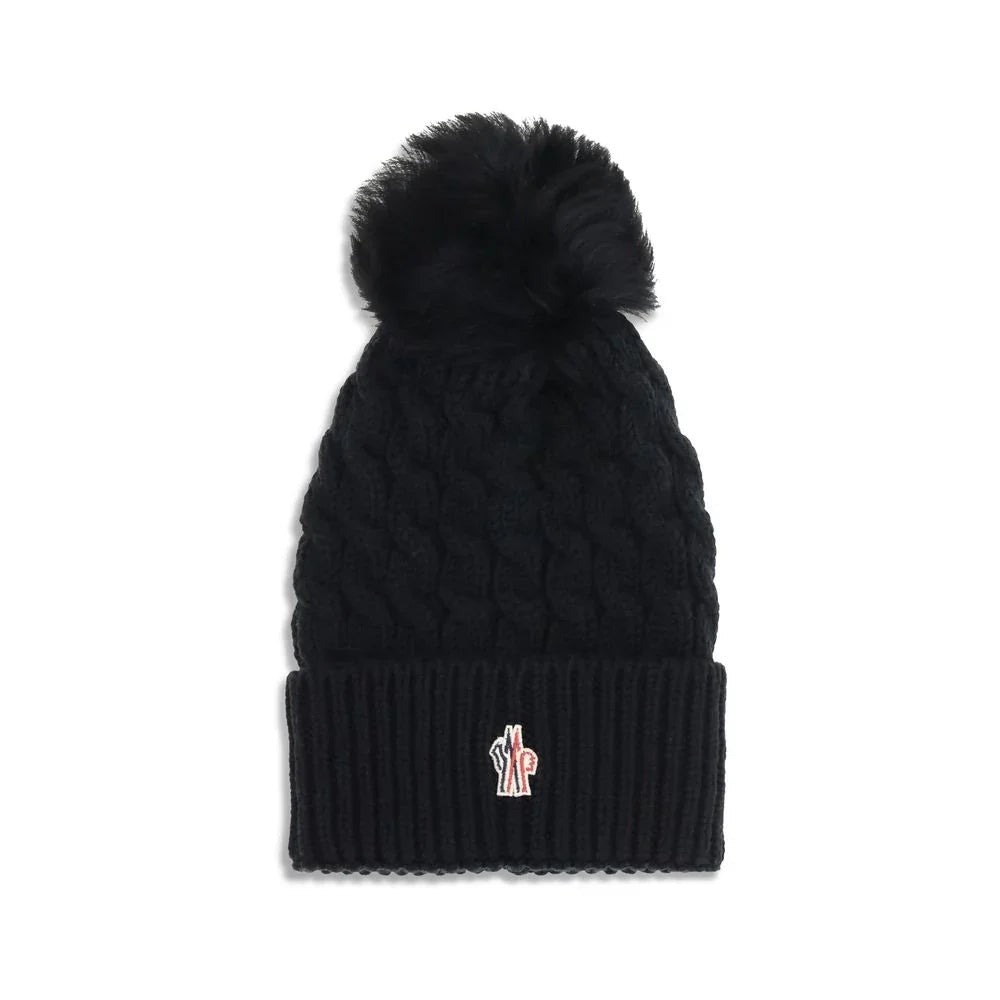 Moncler Grenoble muts in zwart fleecewol met pompon en logo - MARANOS