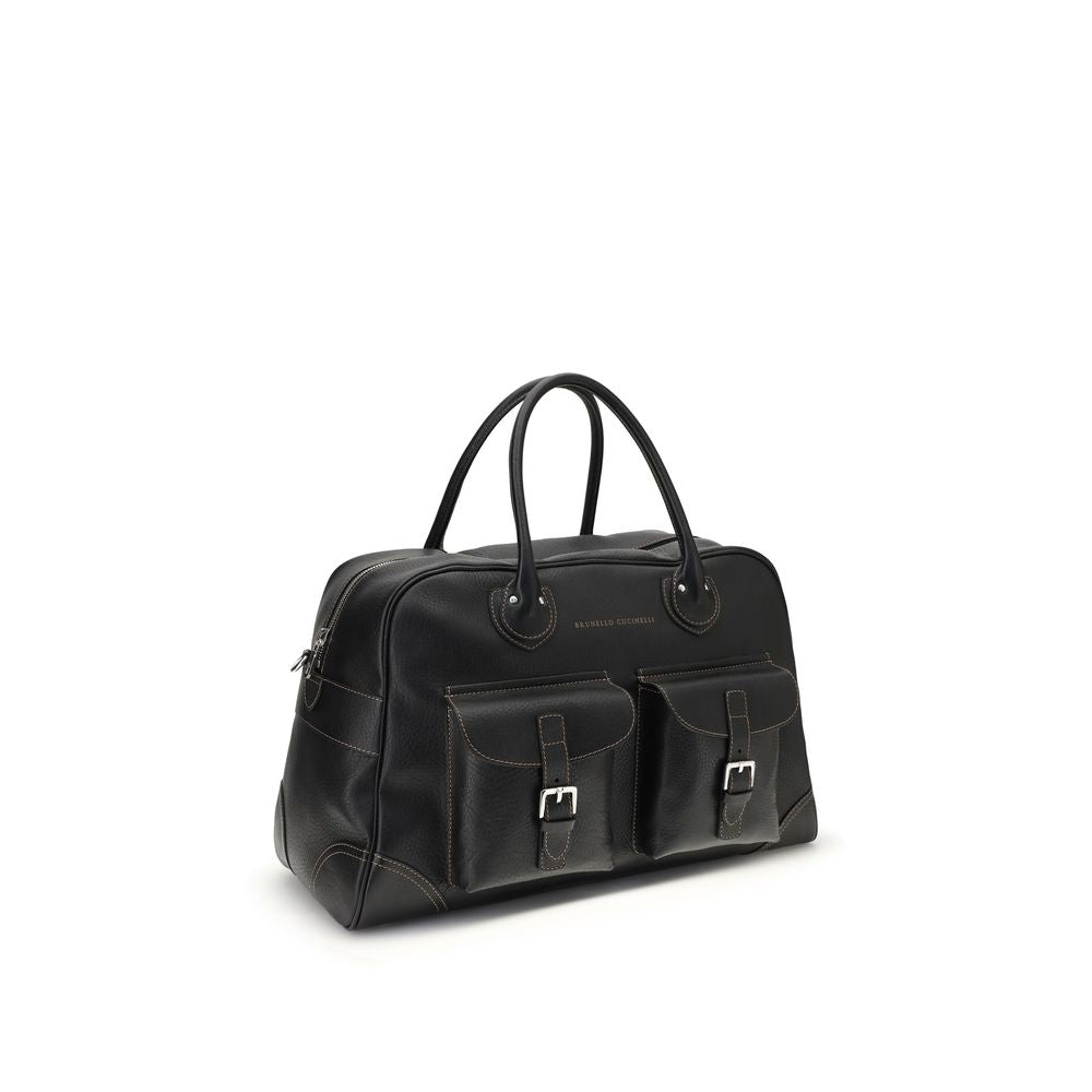 Brunello Cucinelli Weekender schoudertas in zwart kalfsleer
