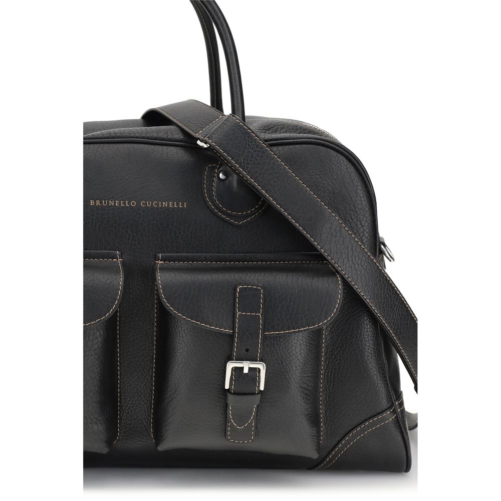 Brunello Cucinelli Weekender schoudertas in zwart kalfsleer