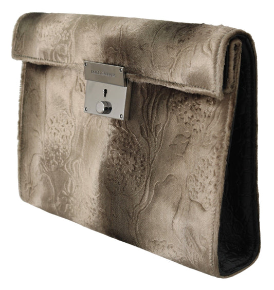 Dolce & Gabbana Beige Velvet Croco-Print Leren Briefcase Clutch