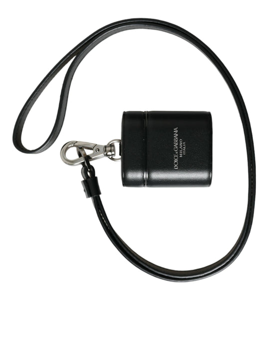 Dolce & Gabbana Zwart Leren Strap Zilver Metaal logo Printed Airpods Etui