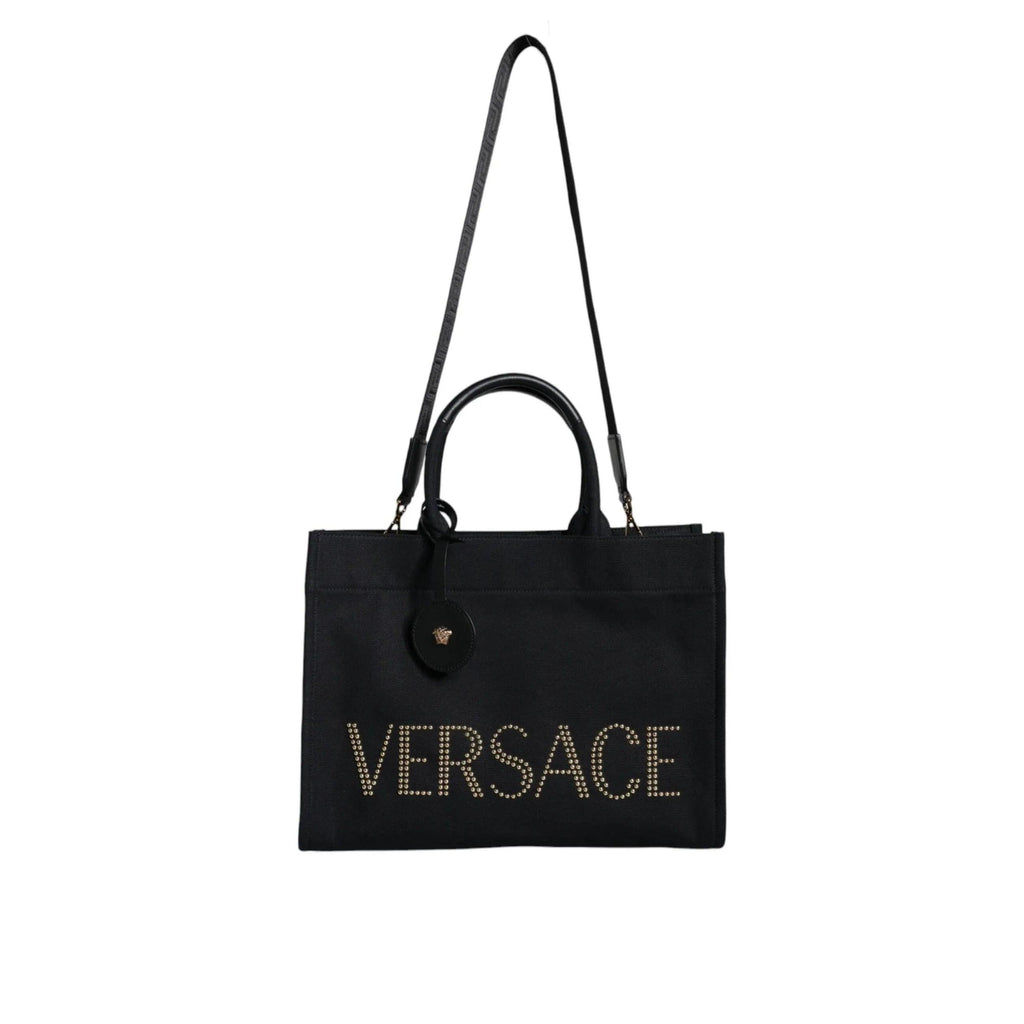 Versace Zwart Top Handle Canvas Leren logo crossbody Tote Tas - MARANOS
