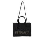 Versace Zwart Top Handle Canvas Leren logo crossbody Tote Tas - MARANOS