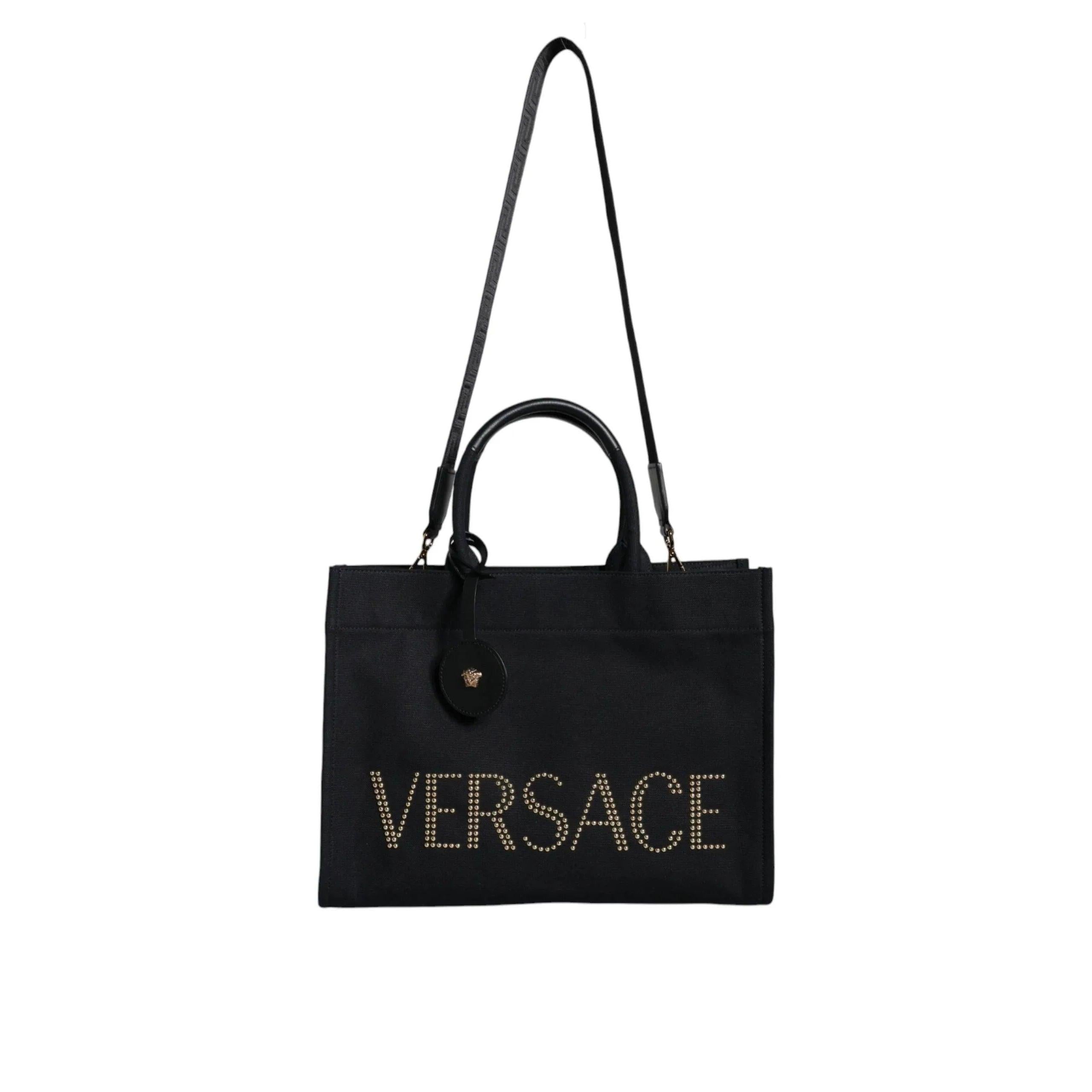 Versace Zwart Top Handle Canvas Leren logo crossbody Tote Tas - MARANOS