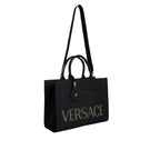 Versace Zwart Top Handle Canvas Leren logo crossbody Tote Tas - MARANOS