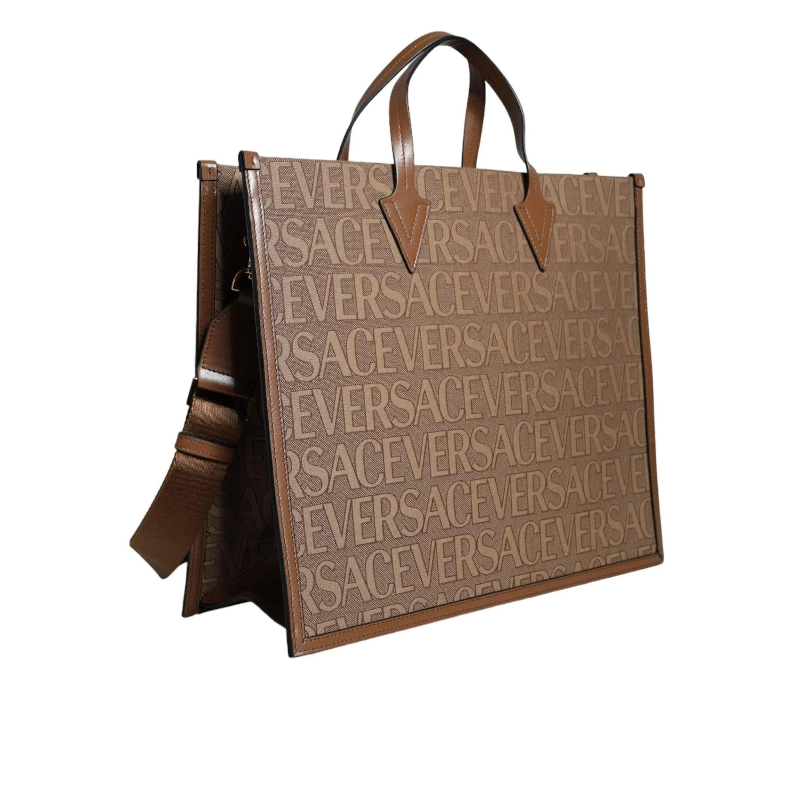 Versace Bruin Top Handle Jacquard Leren logo crossbody Tote Tas - MARANOS