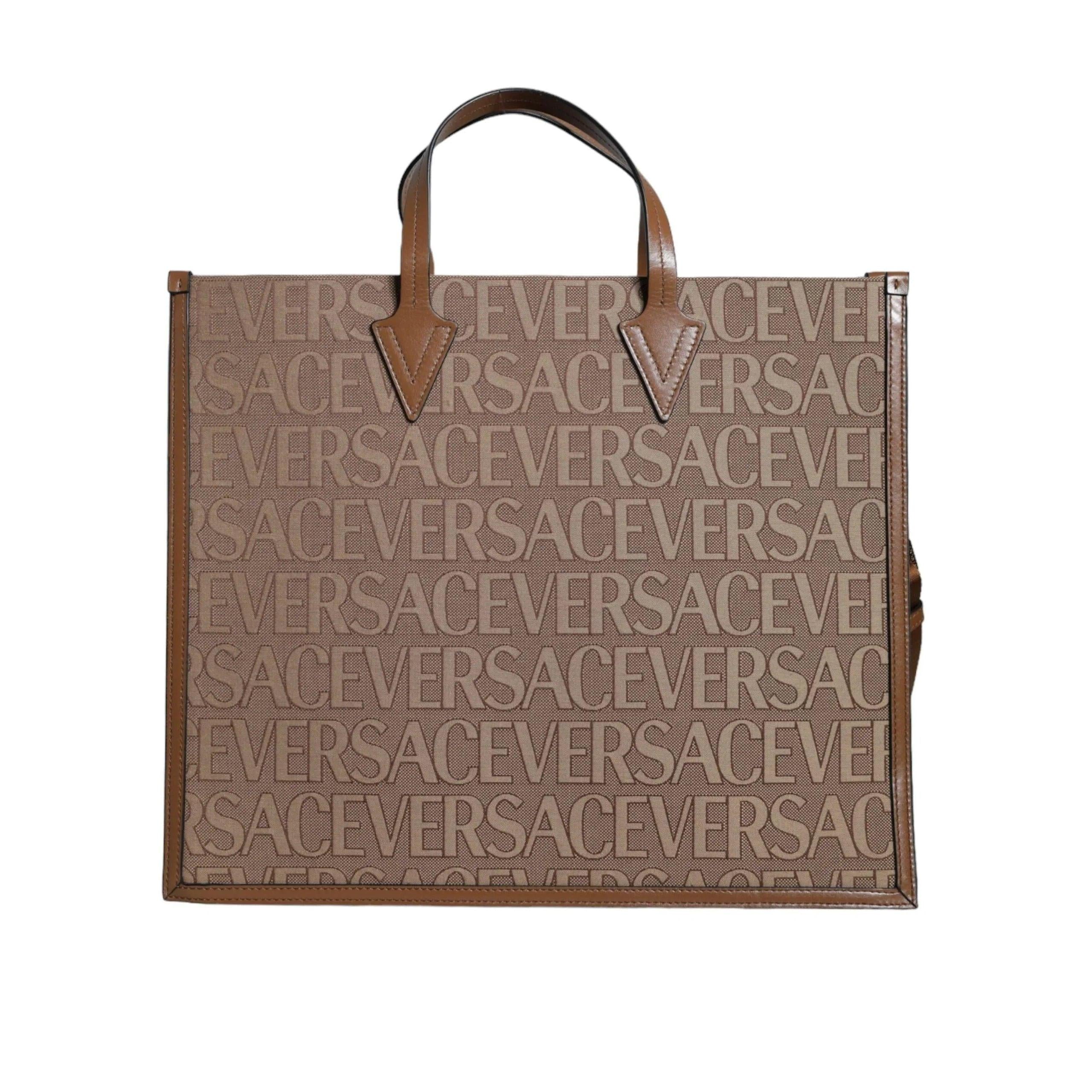 Versace Bruin Top Handle Jacquard Leren logo crossbody Tote Tas - MARANOS