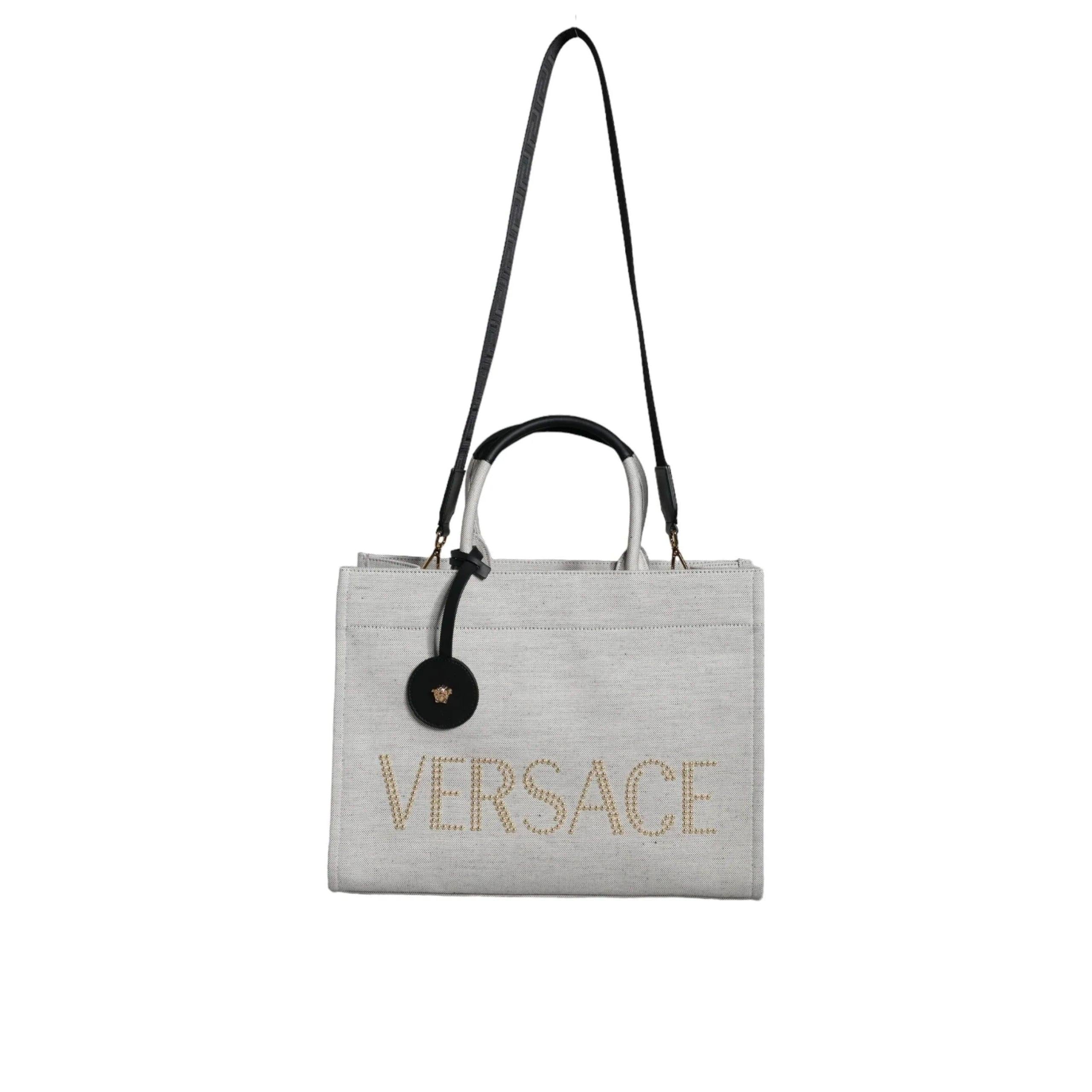 Versace Wit Top HandleLeren logo crossbody Tote Tas - MARANOS