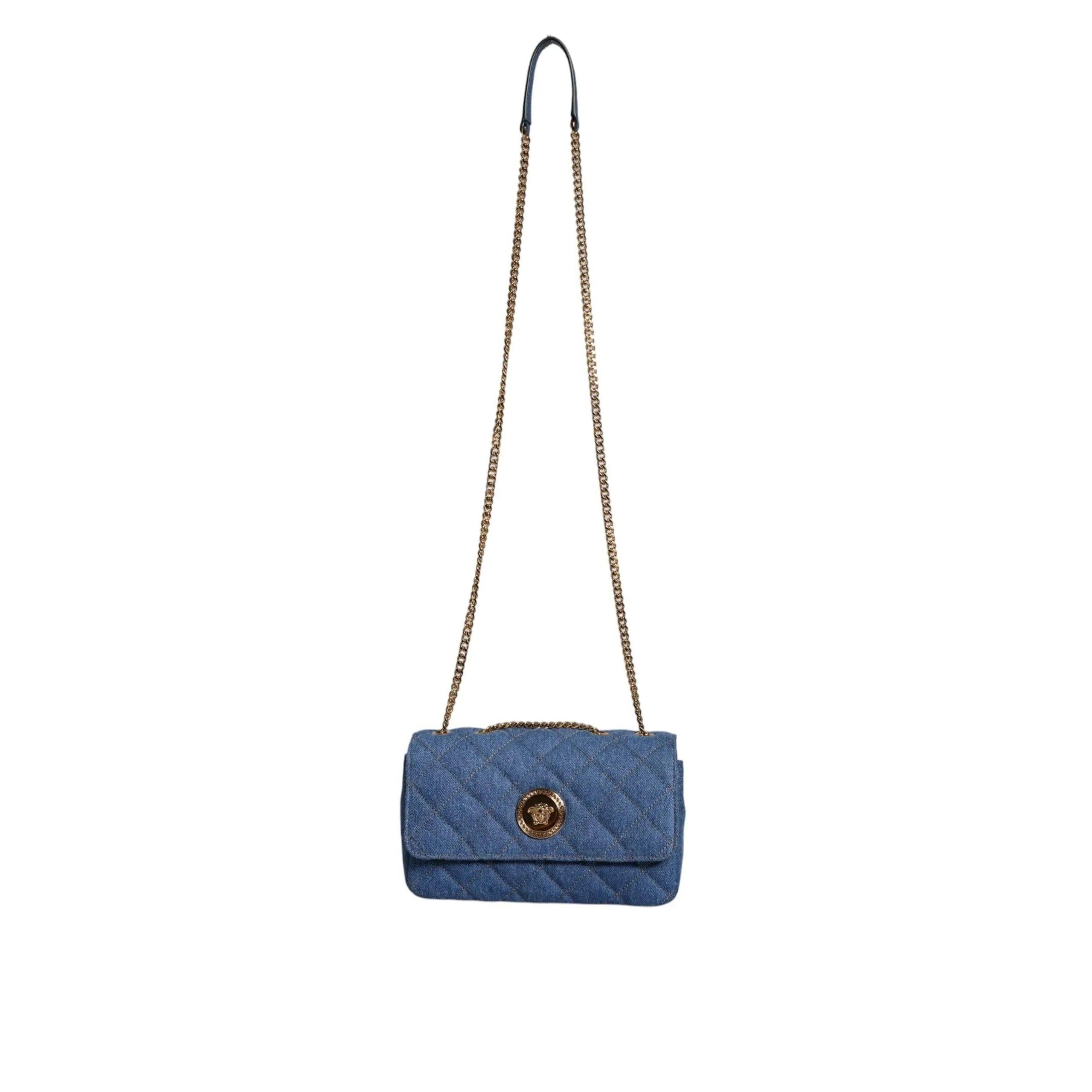 Versace Blauw Quilted Denim Leren crossbody Schoudertas - MARANOS