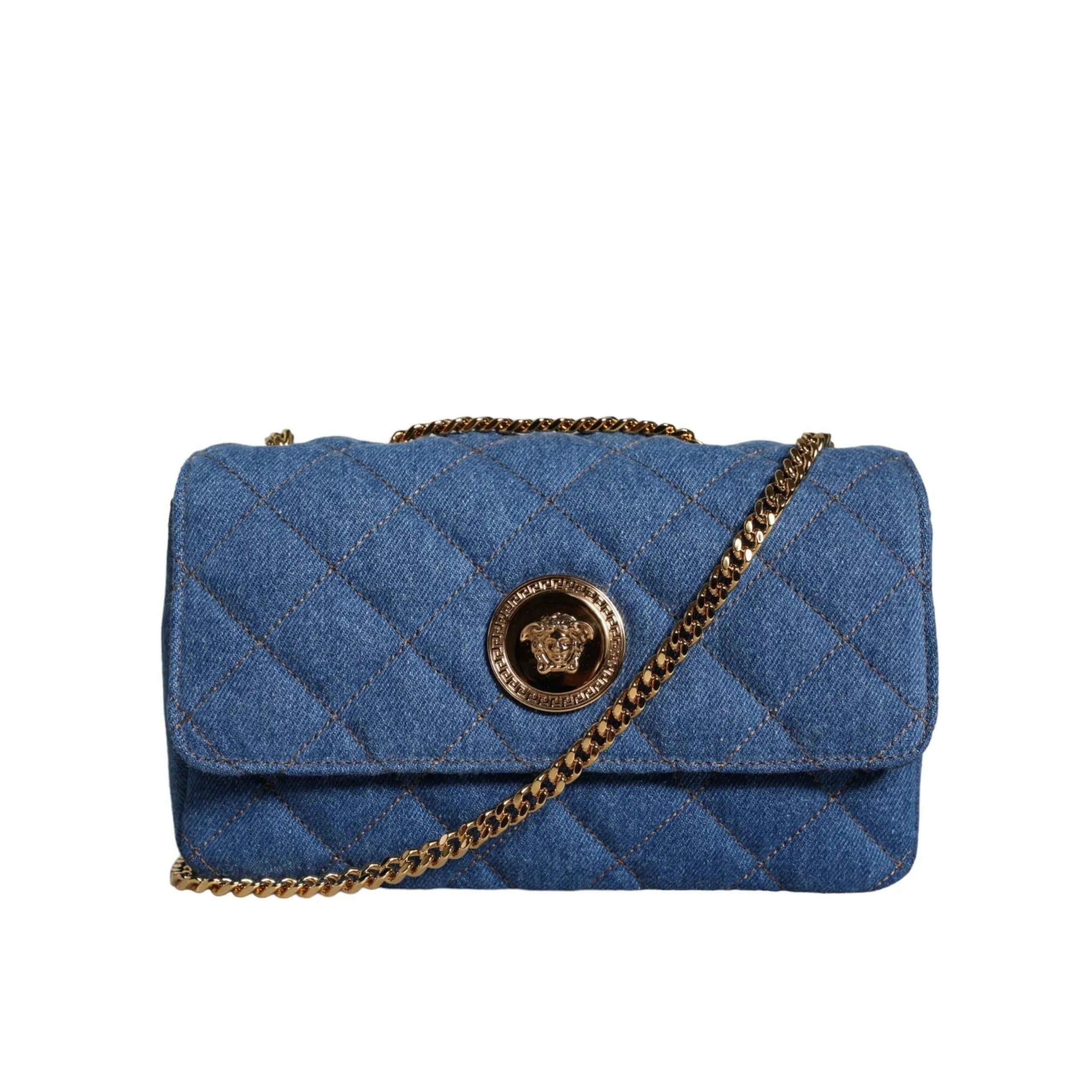 Versace Blauw Quilted Denim Leren crossbody Schoudertas - MARANOS