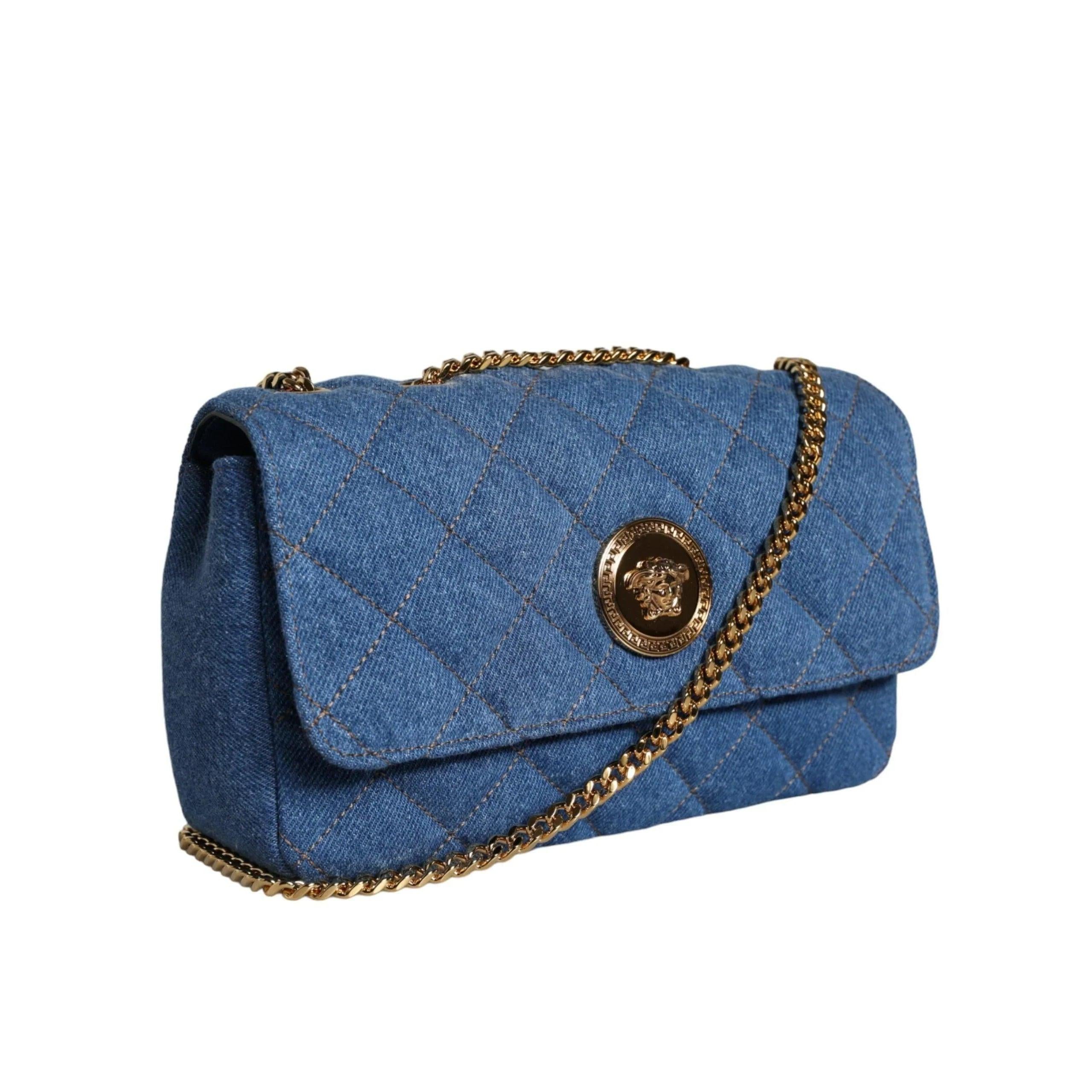 Versace Blauw Quilted Denim Leren crossbody Schoudertas - MARANOS