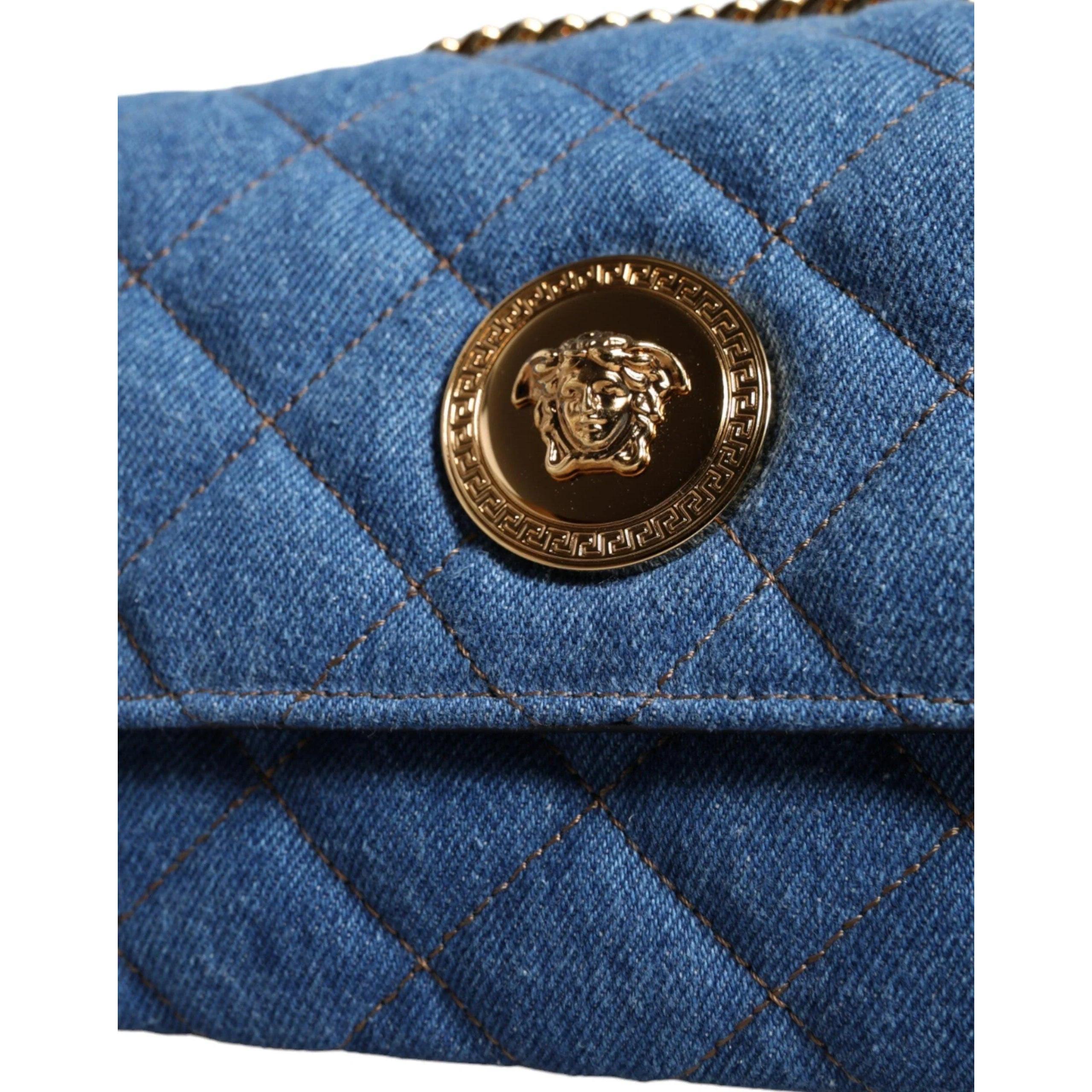 Versace Blauw Quilted Denim Leren crossbody Schoudertas - MARANOS
