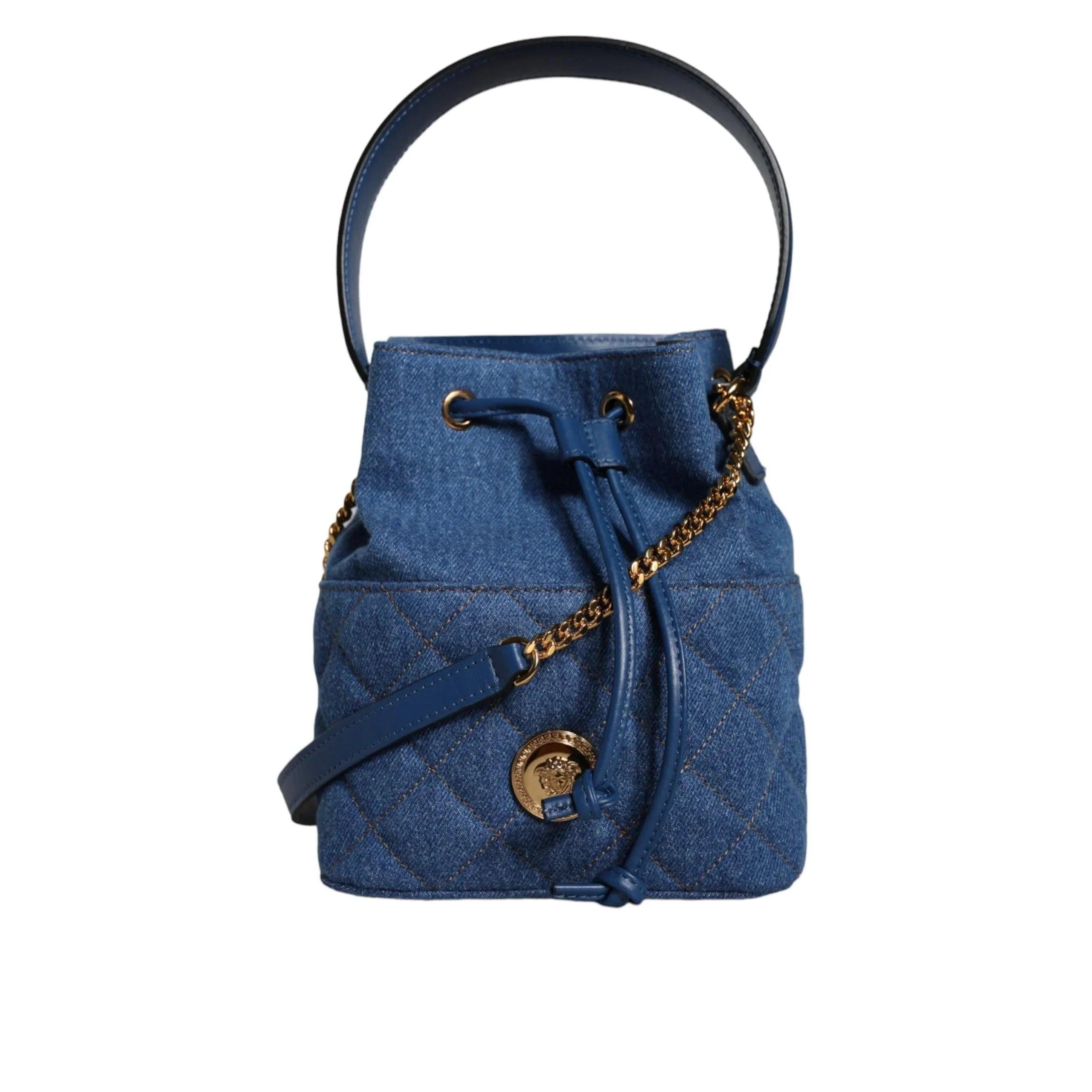 Versace Blauw Quilted Denim Leren crossbody Schoudertas - MARANOS