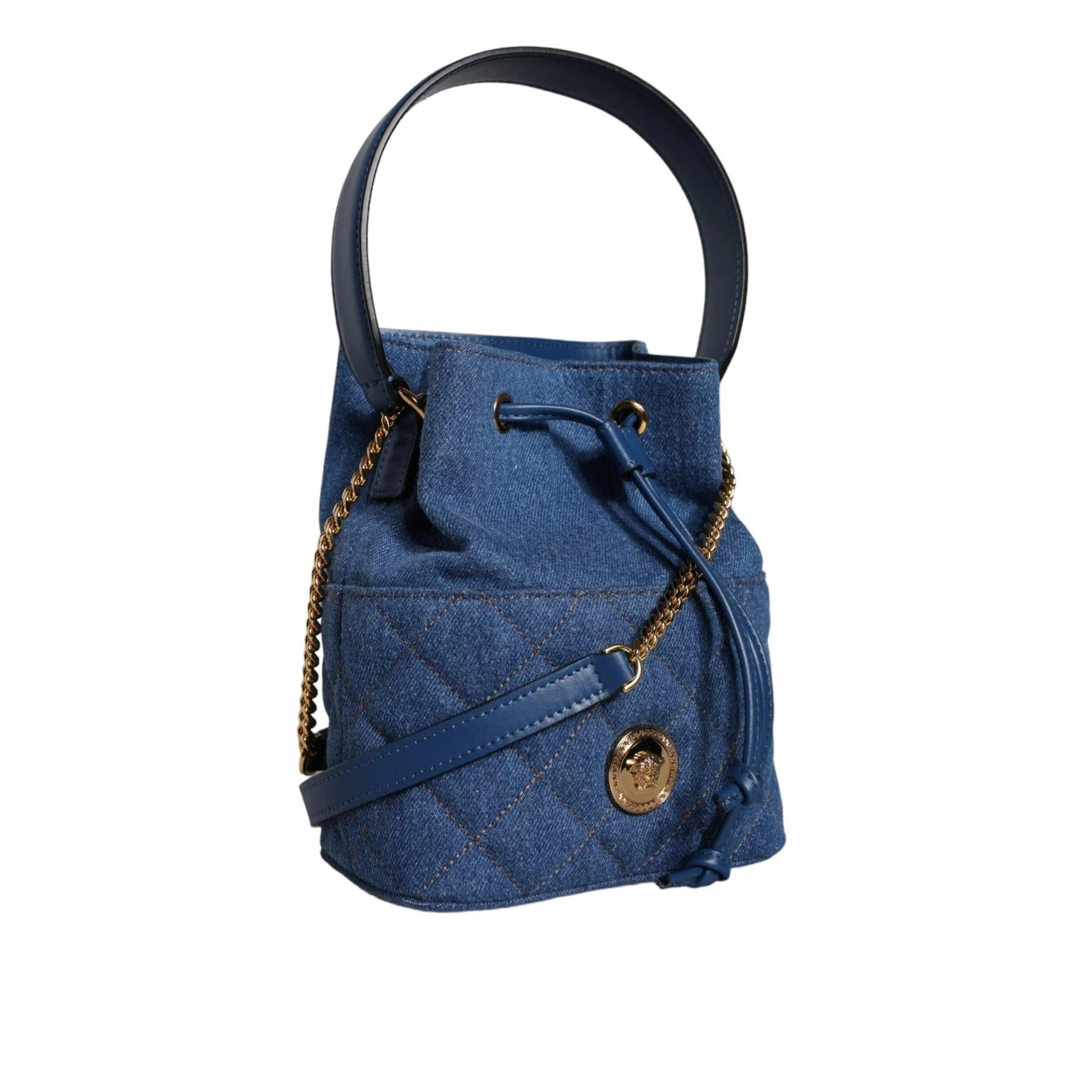 Versace Blauw Quilted Denim Leren crossbody Schoudertas - MARANOS