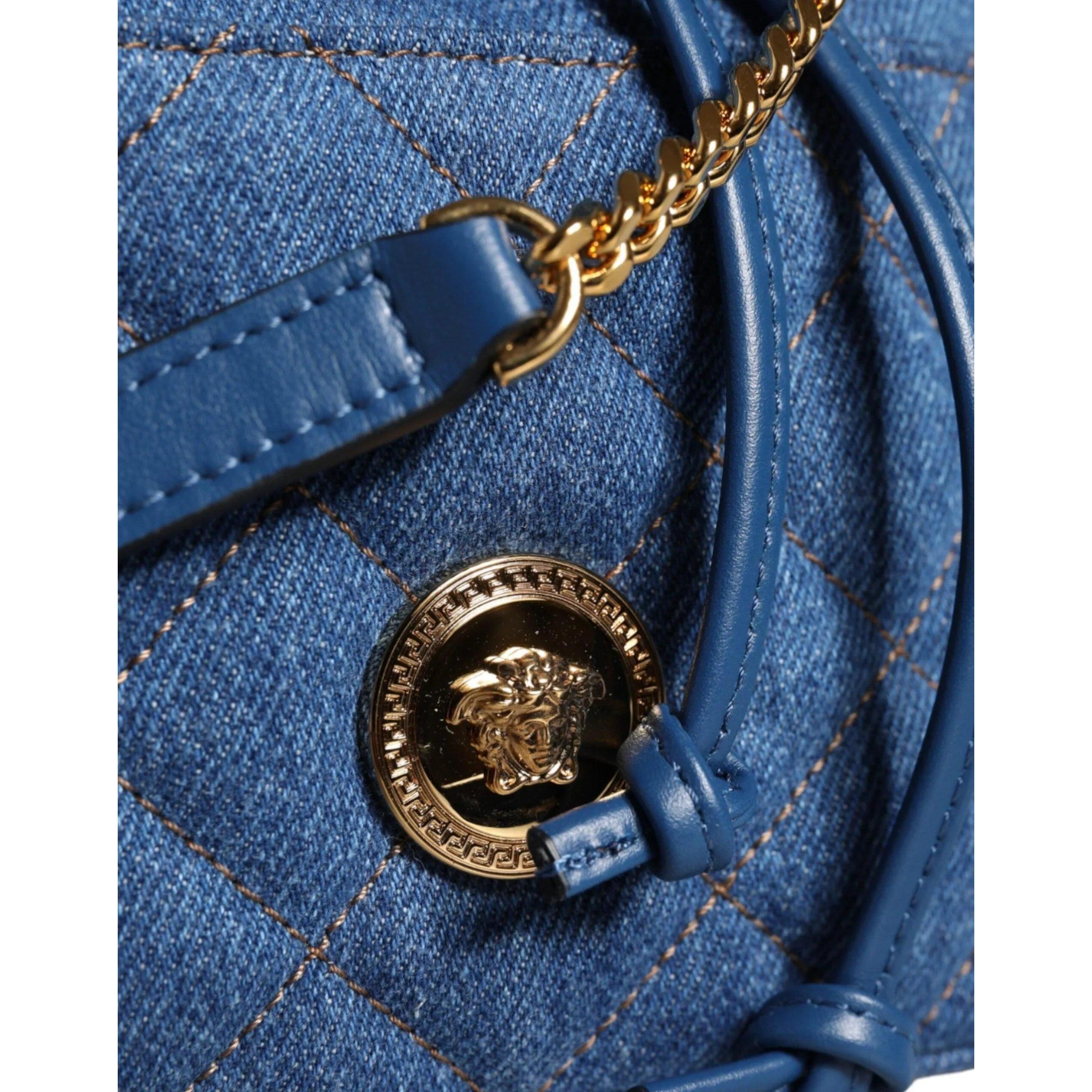 Versace Blauw Quilted Denim Leren crossbody Schoudertas - MARANOS