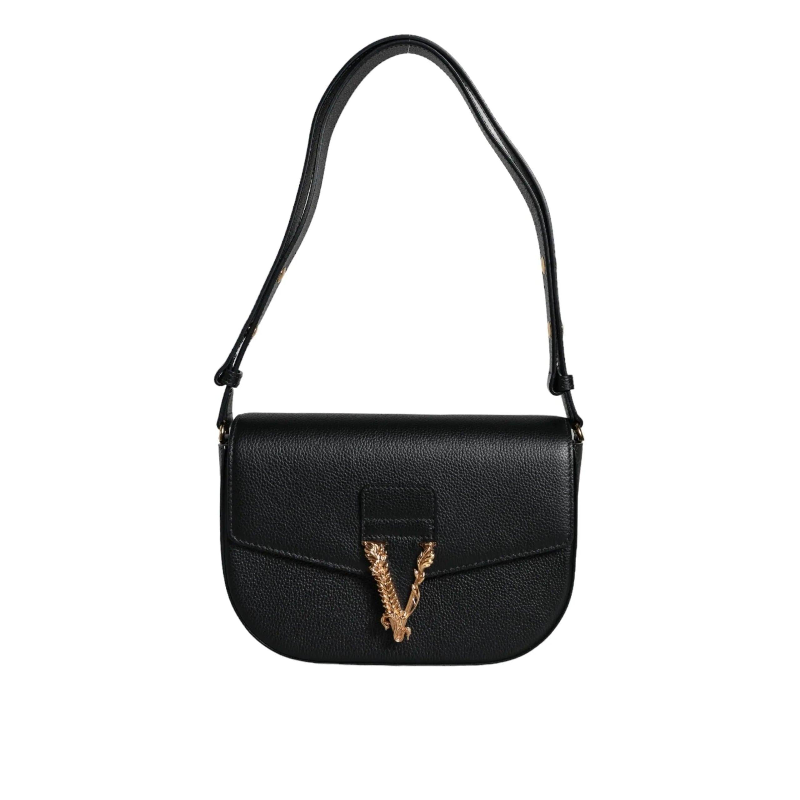 Versace Zwart Grainy Leren Logo Crossbody/Schoudertas - MARANOS