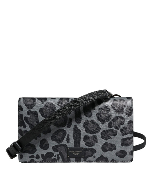 Dolce &amp; Gabbana Black &amp; Gray Leopard Print Leather Crossbody Bag with Card Slots