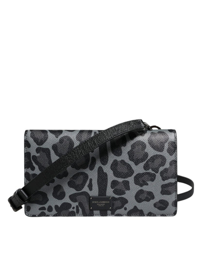 Dolce &amp; Gabbana Black &amp; Gray Leopard Print Leather Crossbody Bag with Card Slots