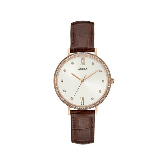 Guess horloge met bruine leren band - MARANOS