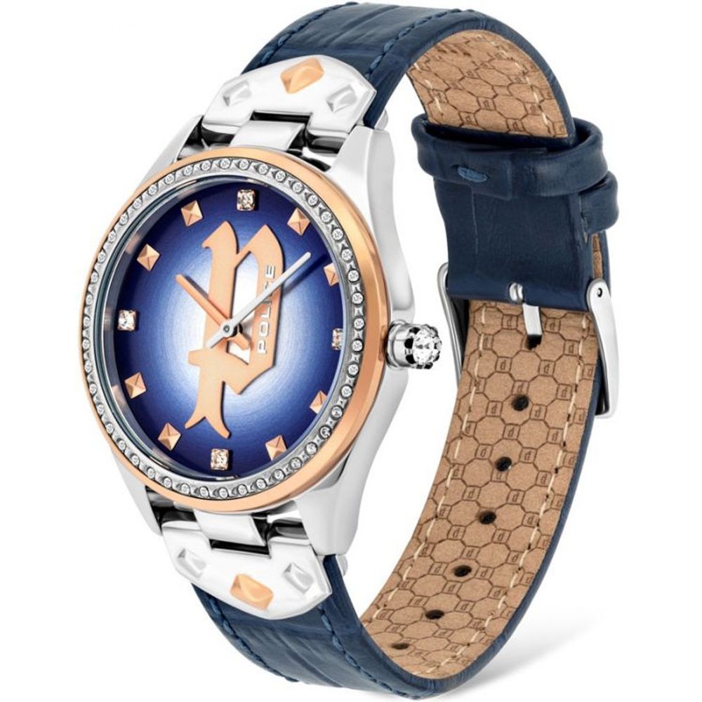 Police horloge met grijze kast en blauwe lederen band
