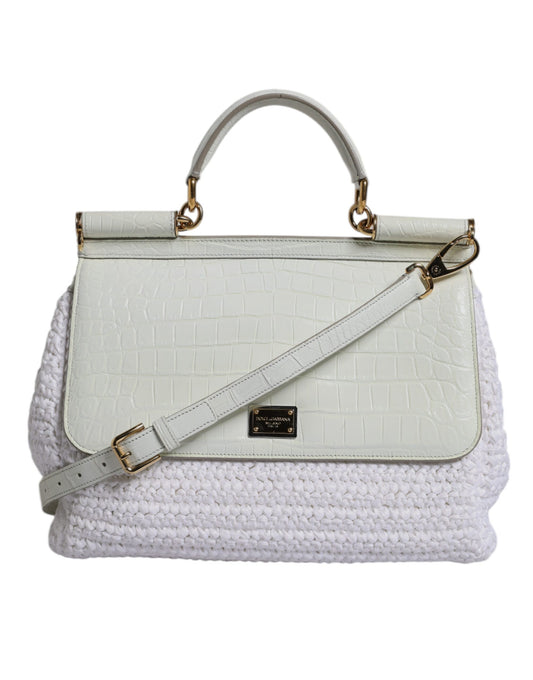 Dolce &amp; Gabbana White Rafia Leather Top Handle Crossbody Bag