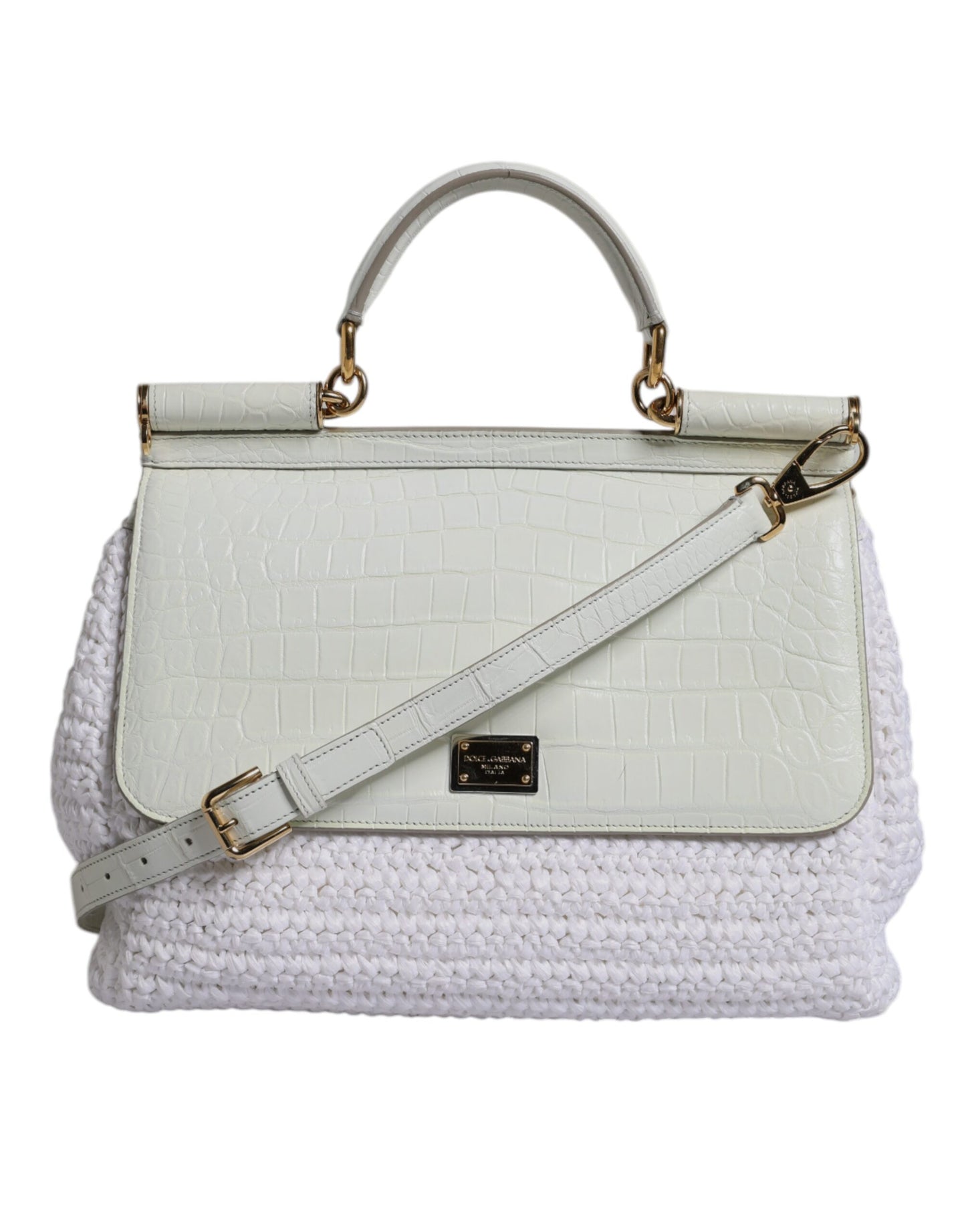 Dolce & Gabbana Wit Rafia Leren Top Handle crossbody Tas