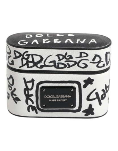 Dolce & Gabbana zwart-wit leren AirPods-hoesje met scribble-print en reliëflogo