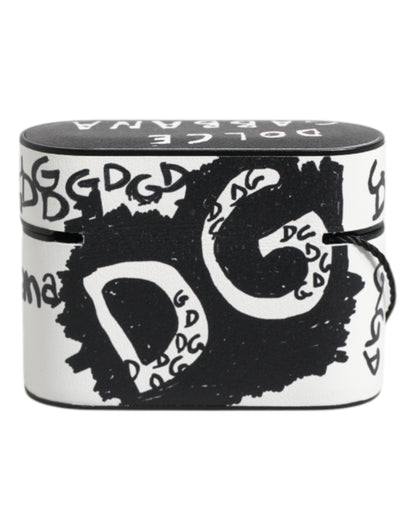 Dolce & Gabbana zwart-wit leren AirPods-hoesje met scribble-print en reliëflogo