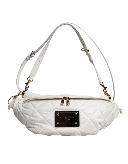 Dolce &amp; Gabbana White Quilted logo Plaque Belt Waist Fanny Pack Bag
