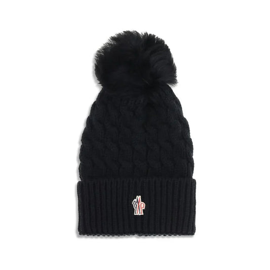 Moncler Grenoble muts in zwart fleecewol met pompon en logo - MARANOS