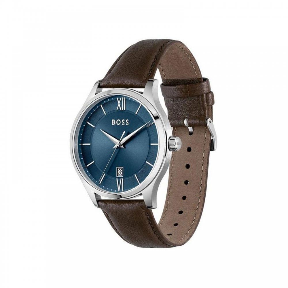 Hugo Boss herenhorloge met bruine lederen band en blauwe wijzerplaat Hugo Boss