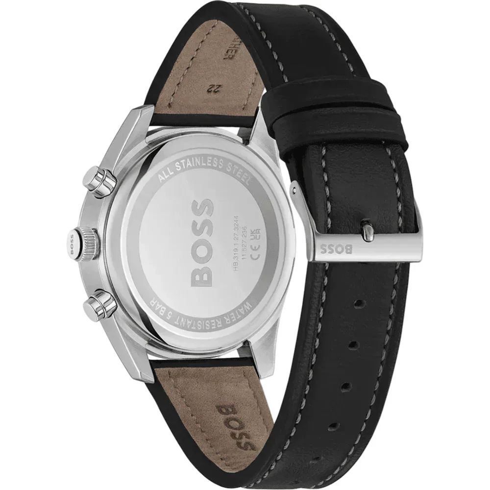 Hugo Boss herenhorloge met zwarte lederen band en grijze wijzerplaat Hugo Boss