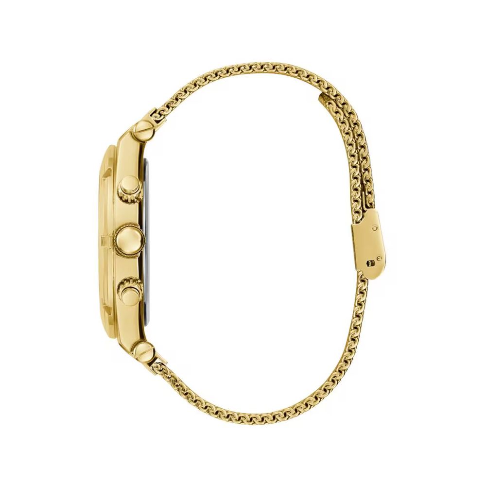 Guess horloge in goudkleurig roestvrij staal met zwarte wijzerplaat Guess