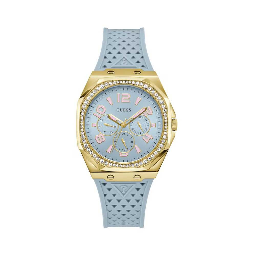 Guess horloge met blauwe siliconen band en gouden kast Guess
